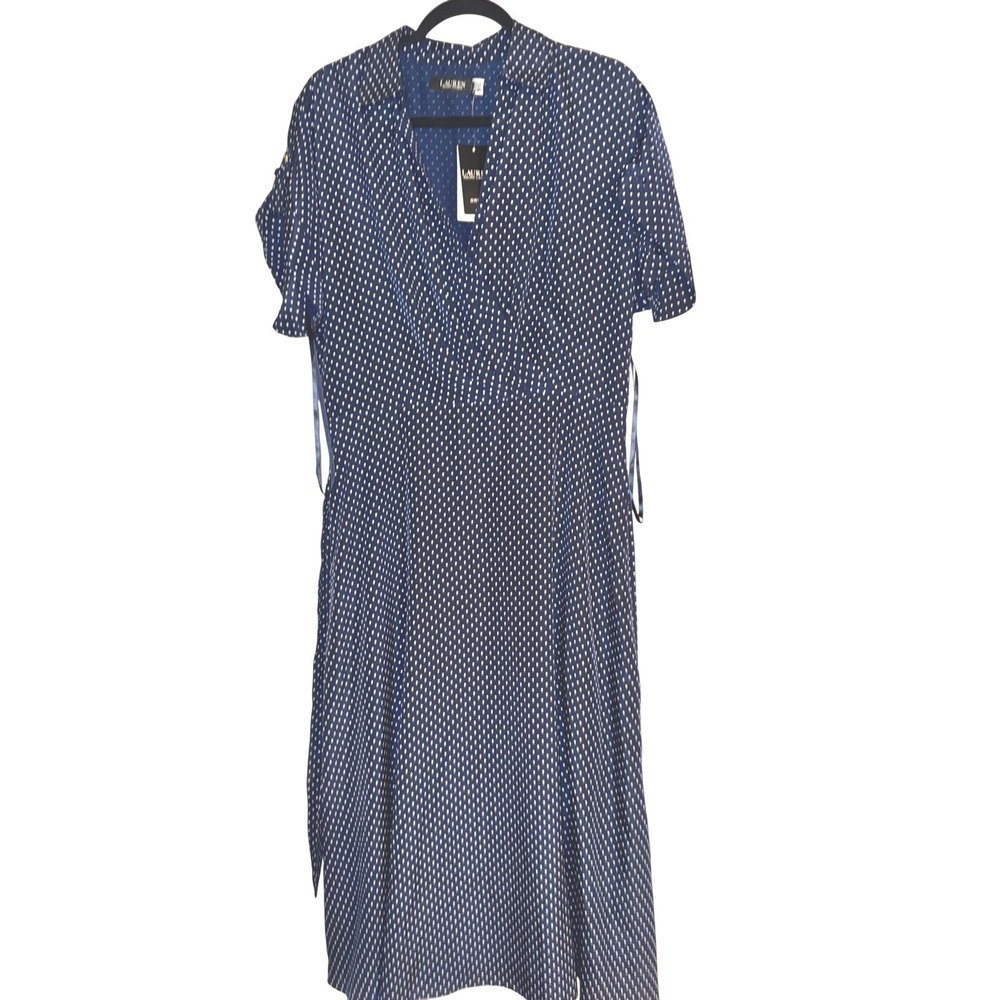 Lauren Ralph Lauren Dress Womens‎ 12 Navy Blue White Polka Dot Tie Waist
